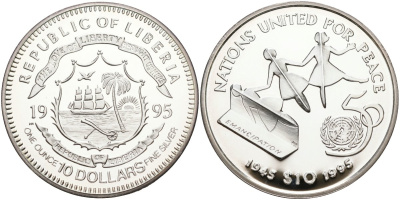 Либерия 10 долларов 1995 50 лет ООН (1945-1995) KM 194 серебро PROOF 00-00