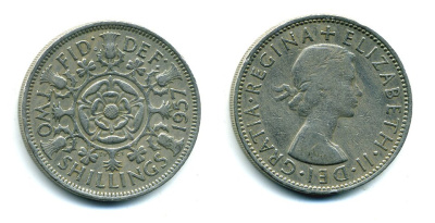 Великобритания 2 шиллинга (флорин) 1957 Елизавета II (1952-2022) KM 906, Spink 4146 медно-никель 540-534