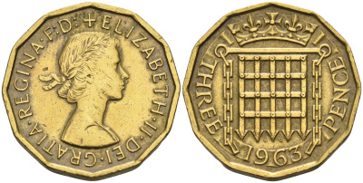 Великобритания 3 пенса 1963 Елизавета II (1952-2022) KM 900, Spink 4153 никель латунь 4589-824