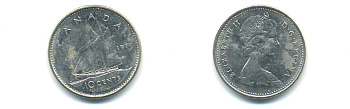 Канада 10 центов 1977 Елизавета II (1952-2022), парусник KM 77.1 никель 86-1115