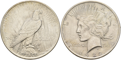США 1 доллар 1922 доллар мира KM 150 серебро aUNC 00-1067-8-24