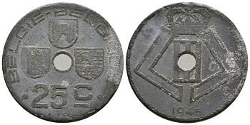 Бельгия 25 сантимов 1945 Belgie-Belgique, Леопольд III (1934-1947), германская оккупация KM 132 цинк 177-1031
