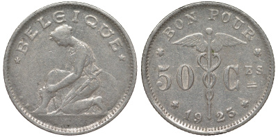 Бельгия 50 сантимов 1923 Belgique KM 87 никель 4164-148
