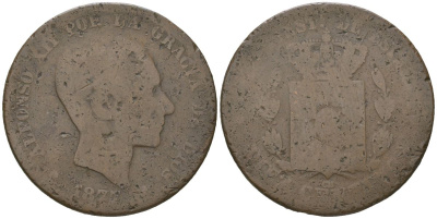 Испания 10 сентимо 1877 OM, Альфонсо XII (1874-1885) KM 675 бронза 4616-822
