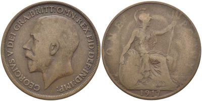 Великобритания 1 пенни 1917 Георг V (1910-1936) KM 810, Spink 4051 бронза 3460-742