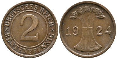 ГЕРМАНИЯ 2 РЕНТЕНПФЕННИГА 1924 F KM 31, J. 307 бронза 24-641