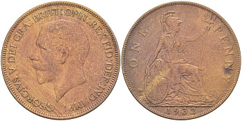 Великобритания 1 пенни 1932 Георг V (1910-1936) KM 838, Spink 4055 бронза 3460-613