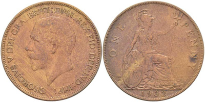Великобритания 1 пенни 1932 Георг V (1910-1936) KM 838, Spink 4055 бронза 3460-613