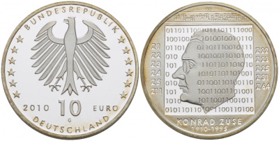 ФРГ 10 евро 2010 G, 100 лет со дня рождения Конрада Цузе KM 289, DE.S. 10.46 серебро PROOF 11-098-34