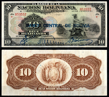 Боливия 10 боливиано 1911 (1929) надпечатка на Pick 107, серия C Pick 114 a(2)  бумага   451-1345-2