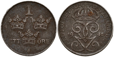 Дания 1 эре 1948 N; S, Фредерик IX (1947-1972) KM 839.1 цинк 4189-735