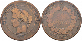 Франция 10 сантимов 1878 A, Третья Республика (1871-1940) KM 815.1, Le Franc 135.20 бронза 3460-922