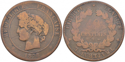 Франция 10 сантимов 1878 A, Третья Республика (1871-1940) KM 815.1, Le Franc 135.20 бронза 3460-922