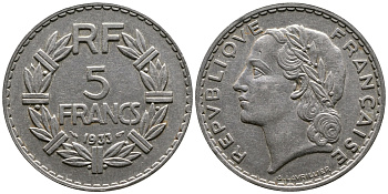 Франция 5 франков 1933 KM 888, Le Franc 336 никель 87-1333