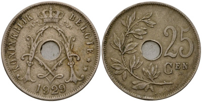 Бельгия 25 сантимов 1929 Belgie, Альберт I (1909-1934) KM 69 медно-никель 33-1145