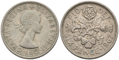 Великобритания 6 пенсов 1967 Елизавета II (1952-2022) KM 903, Spink 4149 медно-никель 75-1544
