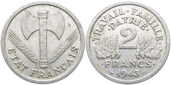 Франция 2 франка 1943 правительство Виши KM 904.1, LE FRANC 270.2 алюминий 4112-623