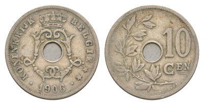 Бельгия 10 сантимов 1906 Belgie, Леопольд I (1865-1909) KM 53 медно-никель 4615-922