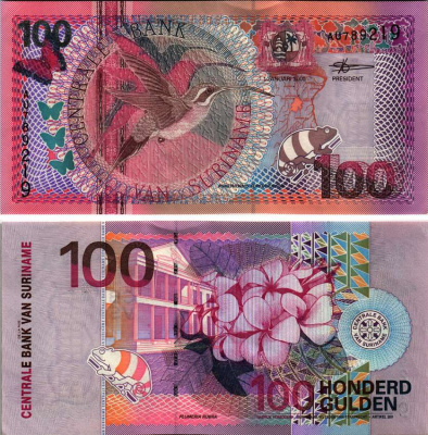 Суринам 100 гульденов 2000 колибри, цветок плюмерии Pick 149 бумага UNC (пресс) 7220-68-1