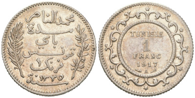 Тунис 1 франк 1917 A KM 238 серебро 4616-146