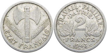Франция 2 франка 1943 правительство Виши KM 904.1, LE FRANC 270.2 алюминий 4112-616