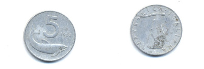 ИТАЛИЯ 5 ЛИР 1952 R, РУЛЬ, ДЕЛЬФИН KM 92 алюминий 54-1457