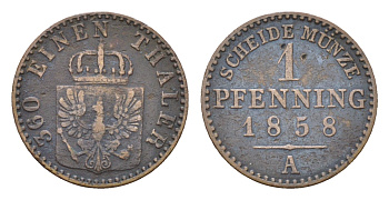 Пруссия 1 пфенниг 1858 A, Фридрих Вильгельм IV (1840-1861) KM 451 медь 4655-663