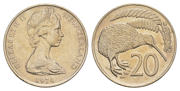 Новая Зеландия 20 центов 1974 Елизавета II (1952-2022), птичка киви KM 36 медно-никель 00-00
