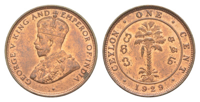 Цейлон 1 цент 1929 Георг V (1910-1936) KM 107 медь UNC 1516-1134