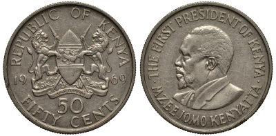 Кения 50 центов 1969 Джомо Кениата KM 13 медно-никель XF- 4390-351