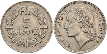Франция 5 франков 1933 KM 888, Le Franc 336 никель 4144-346