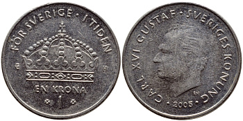 Швеция 1 крона 2005 Карл XVI Густав (1973- ) KM 894 медно-никель 3461-151