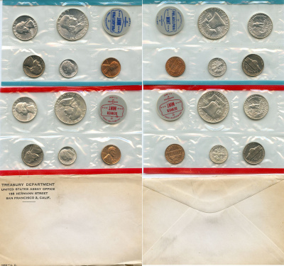США официальные наборы из 10 монет и 2 жетона монетного двора 1963 D, P, Франклин KM MS 116 серебро  UNC  3-6-1-16