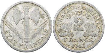 Франция 2 франка 1943 правительство Виши KM 904.1, LE FRANC 270.2 алюминий 4112-622