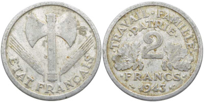 Франция 2 франка 1943 правительство Виши KM 904.1, LE FRANC 270.2 алюминий 4112-622