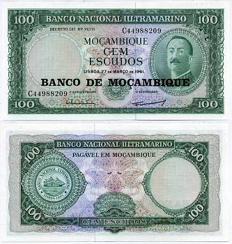 Мозамбик 100 эскудо 1961 (1976) надпечатка на 1961, Айрес де Орнелас  Pick 117 a бумага UNC (пресс) 7547-56-3