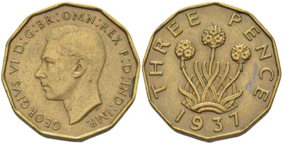 Великобритания 3 пенса 1937 Георг VI (1936-1952) KM 849, Spink 4112 никель латунь 75-227