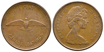 Канада 1 цент 1967 Елизавета II (1952-2022), 100 лет Конфедерации Канады KM 65 бронза 4679-948