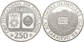 Югославия 250 динаров 1984 XIV зимние Олимпийские игры в Сараево 1984 года, ГОРОД ЯЙЦЕ 29 НОЯБРЯ 1943 KM 107 серебро PROOF 00-00