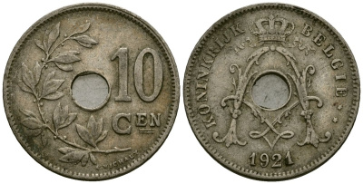 Бельгия 10 сантимов 1921 Belgie KM 86 медно-никель 4172-621