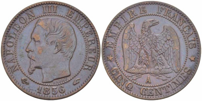 Франция 5 сантимов 1856 A, Наполеон III (1852-1870) KM 777.1, Le Franc 116.30 бронза 108-411