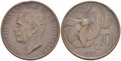 ИТАЛИЯ 10 ЧЕНТЕЗИМО 1929 R, МОНДВОР РИМ, ВИКТОР ЭММАНУИЛ III (1900-1946) KM 60 медь 4525-315