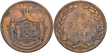 Румыния 10 бани 1867 монетный двор Watt&Co, Кароль I как принц (1866-1881) KM 4.2 медь 4112-414