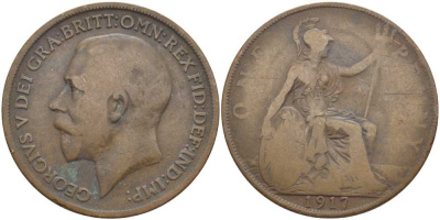 Великобритания 1 пенни 1917 Георг V (1910-1936) KM 810, Spink 4051 бронза 3460-744