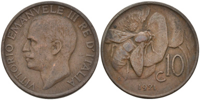 Италия 10 чентезимо 1921 R, пчела, Виктор Эммануил (1900-1946) KM 60 медь 4116-1246