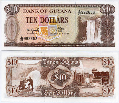 Гайана 10 долларов ND (1966-1992) водопад Кайетур Pick 23 f бумага UNC (пресс) 7548-90-2