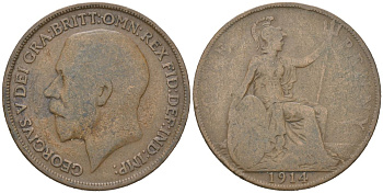 Великобритания 1 пенни 1914 Георг V (1910-1936) KM 810, Spink 4051 бронза 3460-1046