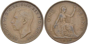 Великобритания 1 пенни 1938 Георг VI (1936-1952) КМ 845, Spink 4114 бронза 3460-614