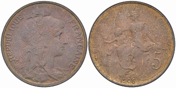 Франция 5 сантимов 1906 тип Дюпюи KM 842, LE FRANC 119.16 бронза 108-851