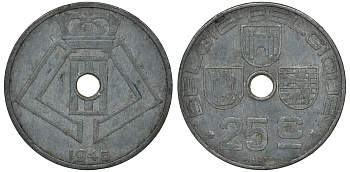 Бельгия 25 сантимов 1945 Belgie-Belgique, Леопольд III (1934-1947), германская оккупация KM 132 цинк 4163-637